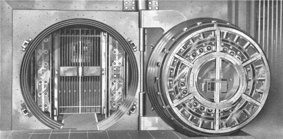 A round steel vault door swung open beside its doorway, showing the barred gate of a safe deposit vault behind it.