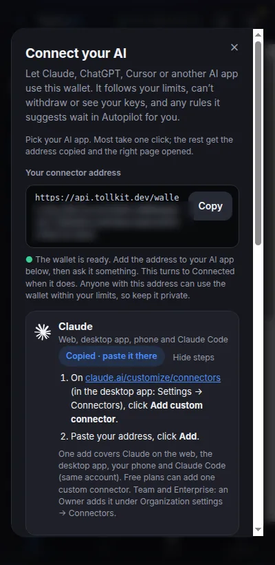 The Connect your AI panel with a private connector address, a Copy button and the steps for Claude.