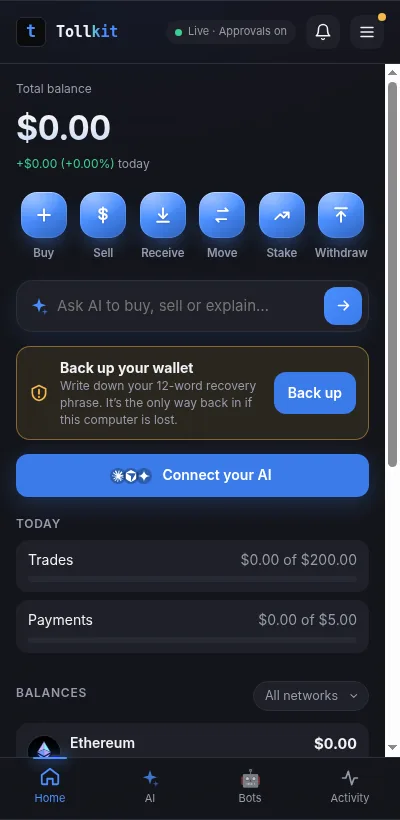 The wallet's home screen: total balance, Buy, Sell, Receive, Move, Stake and Withdraw buttons, an Ask AI field and today's caps.