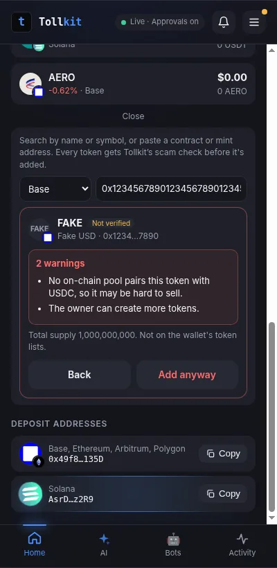 A token check on a fake USD token with two warnings: no pool pairs it with USDC, and the owner can create more.